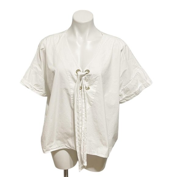 Uterque Made in Spain Medium White Lace Up V Neck Short Sleeve Lagonlook  Top - Picture 2 of 8